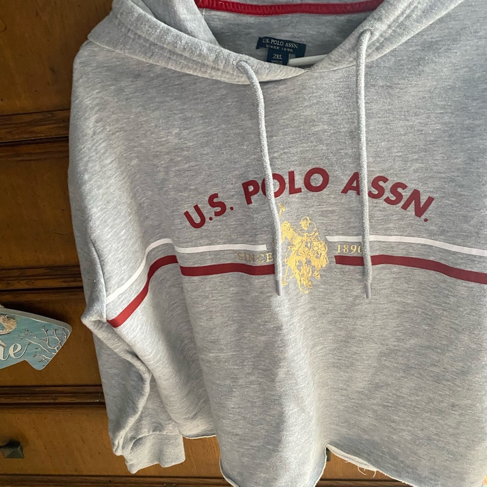 U.S. Polo Assn. Light Gray Hoodie with Red Stripes and Gold Logo